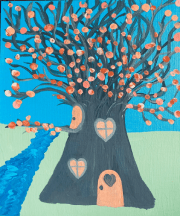 Peach tree made into a home for a lovable family.